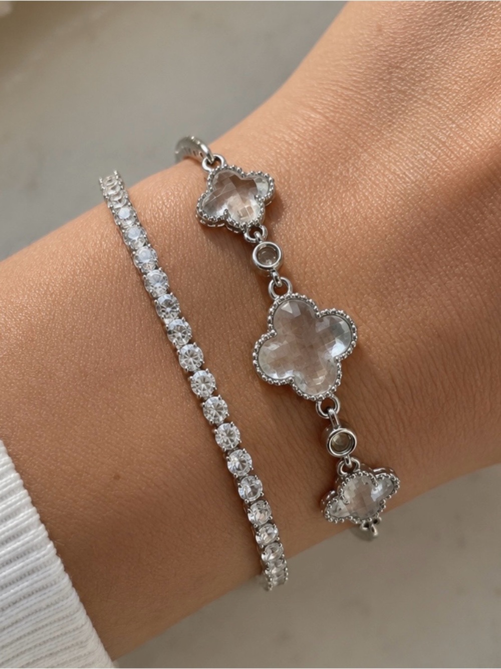2 Bracelet Bundle:New Clear Clover Crystal Bracelet AND matching Tennis bracelet